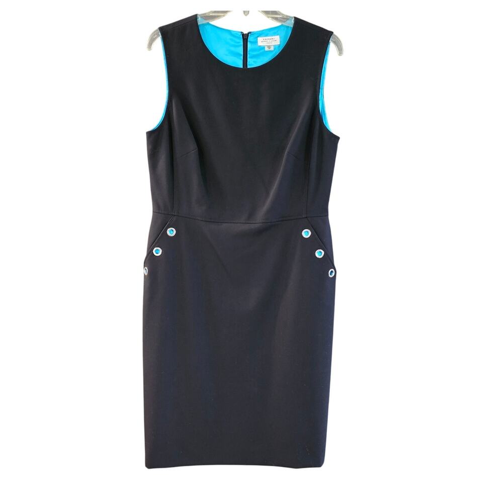 Tahari ASL Black Sleeveless Knee Length Crepe Office Cocktail Sheath Dress 10P